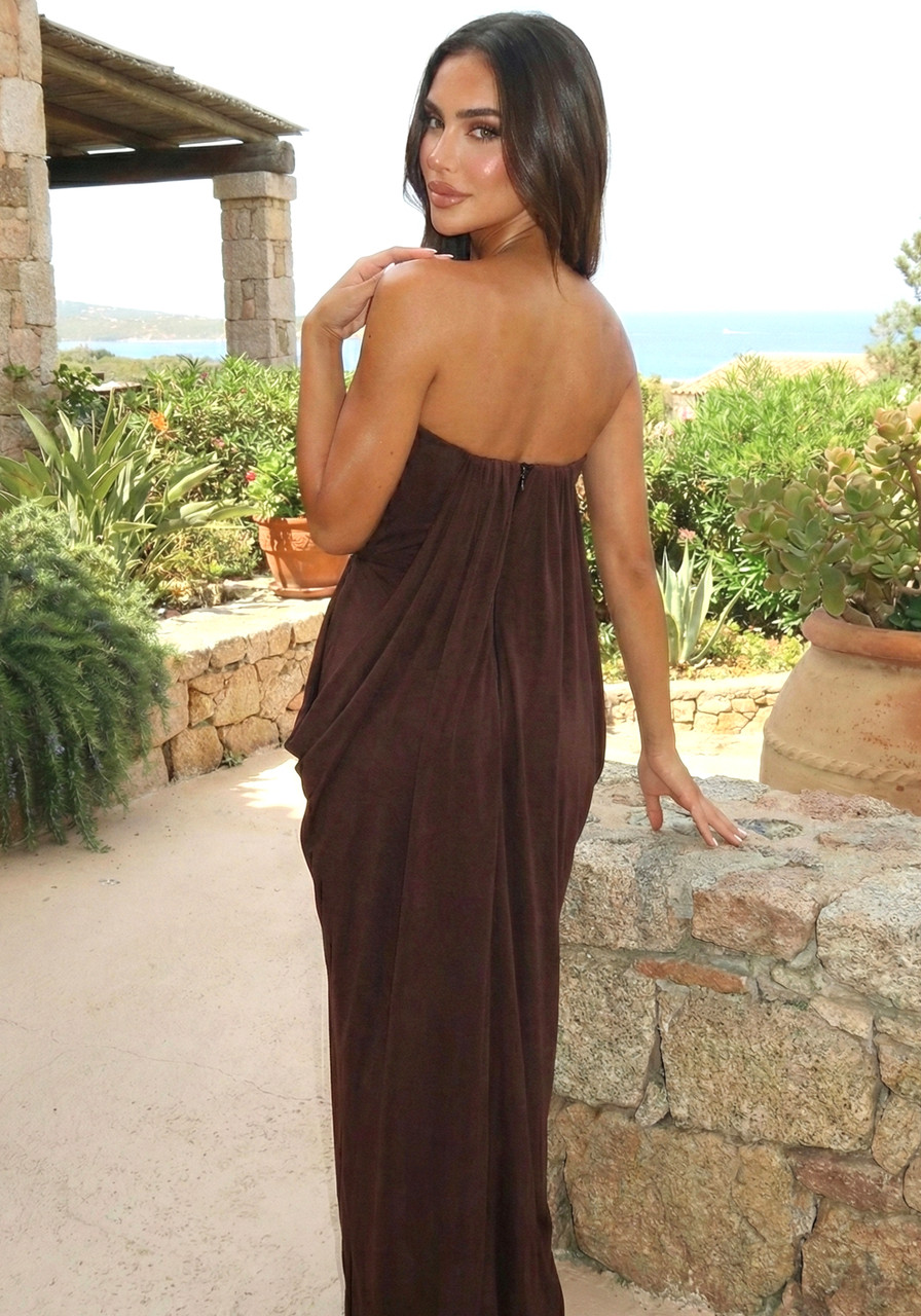 Strapless Draped Maxi Dress Brown