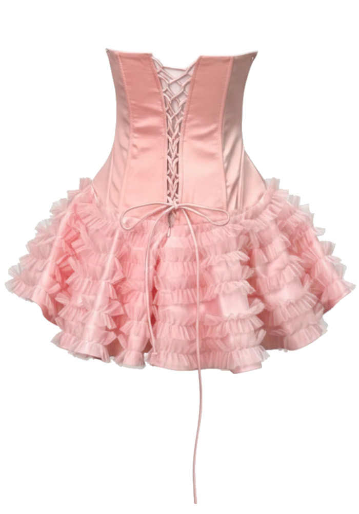 chinese dress ladies CurveWow Lace Plunge Ruffle Skater Dress Pink – Curvewow main image 0