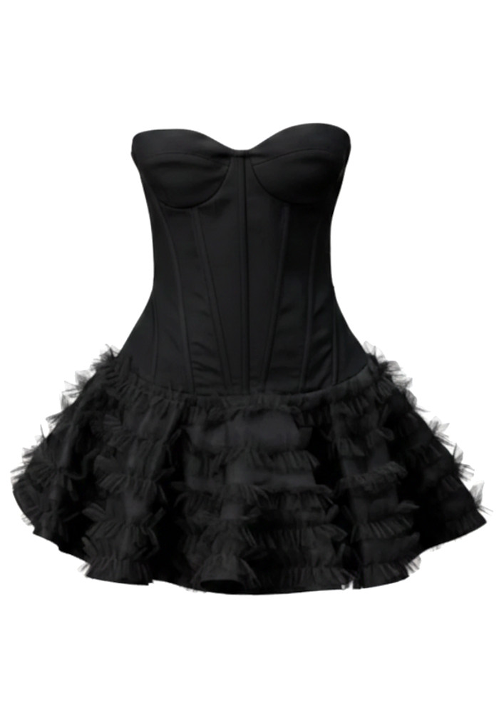 Strapless Ruffle Corset Skater Dress Black