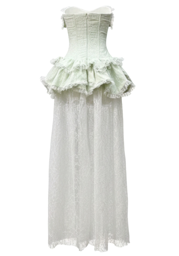 Strapless Peplum Lace Maxi Dress Green White - Luxe Maxi Dresses
