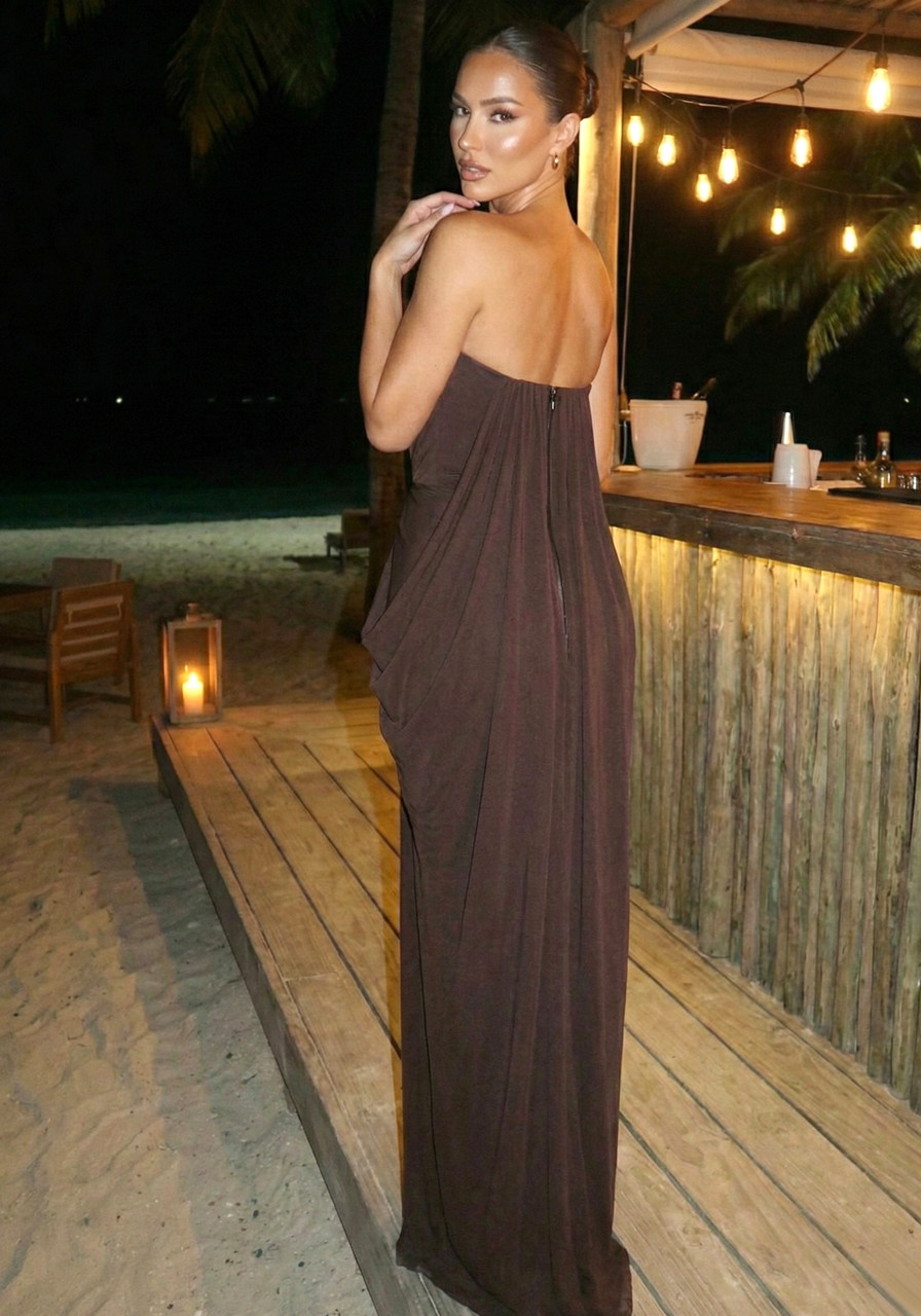 brown long strapless dress Epitome of Allure Brown Mesh Strapless Ruched Maxi Dress