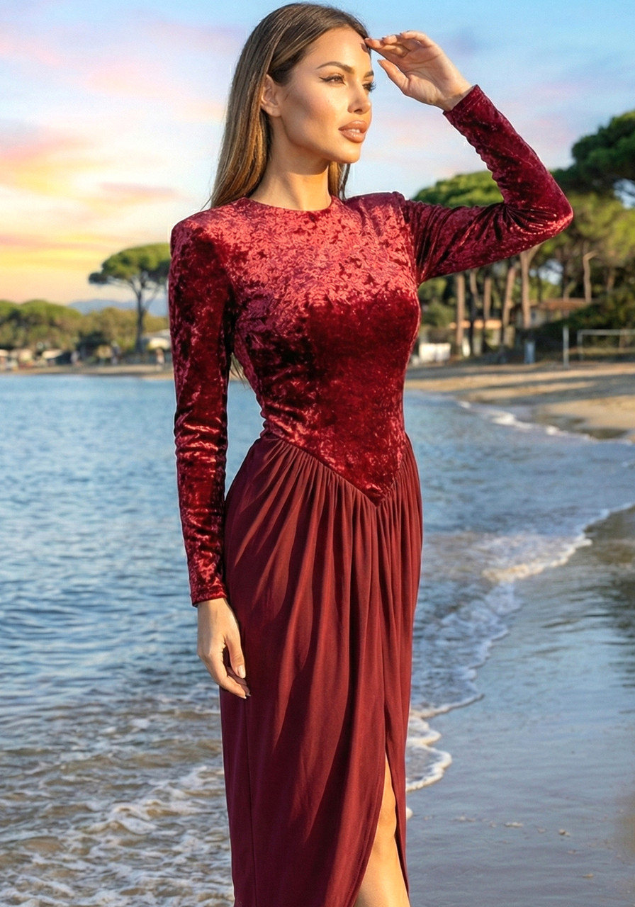 knee length dresses for ladies Designer Gown in Velvet Long Sleeve Maxi in Maroon Velvet