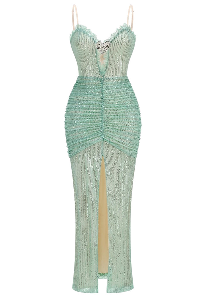 green lace sequin dress One shoudler Dark Green Sequin Floor length Prom Dresses main image 0