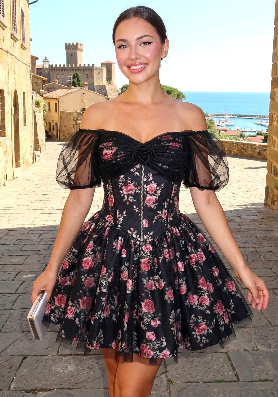 Mesh Bardot Floral A Line Dress Black - Luxe Floral Dresses and Luxe Party Dresses Mesh Bardot Floral A Line Dress Black - Luxe Floral Dresses and Luxe Party Dresses