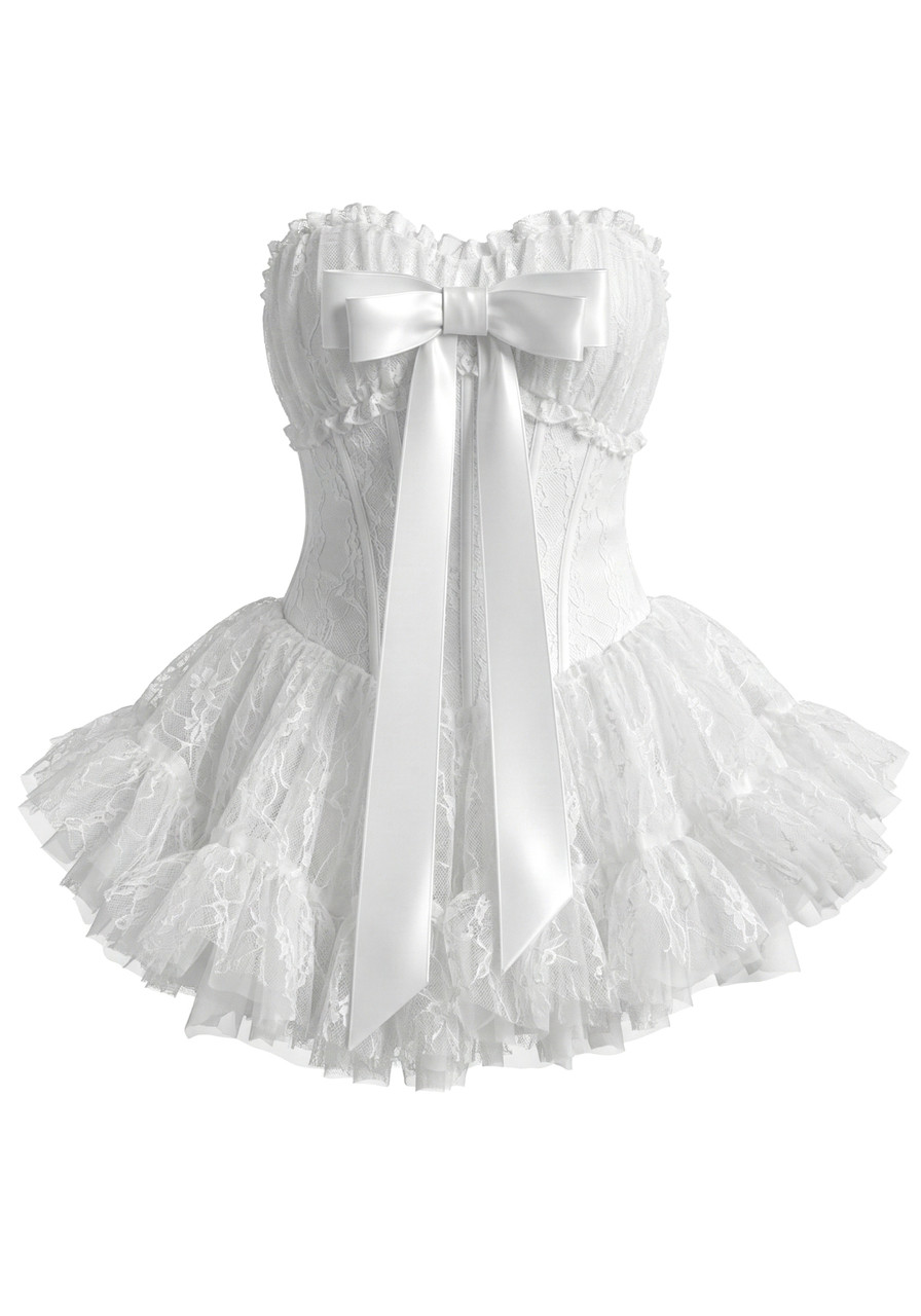 Strapless Draped Bustier Lace A Line Corset Dress White - Luxe