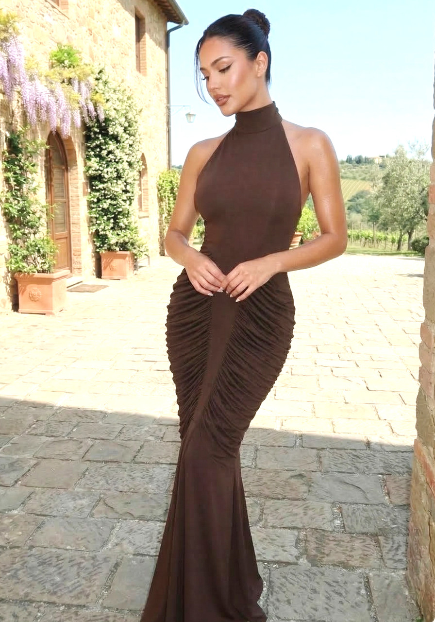 Halter Draped Backless Maxi Dress Brown
