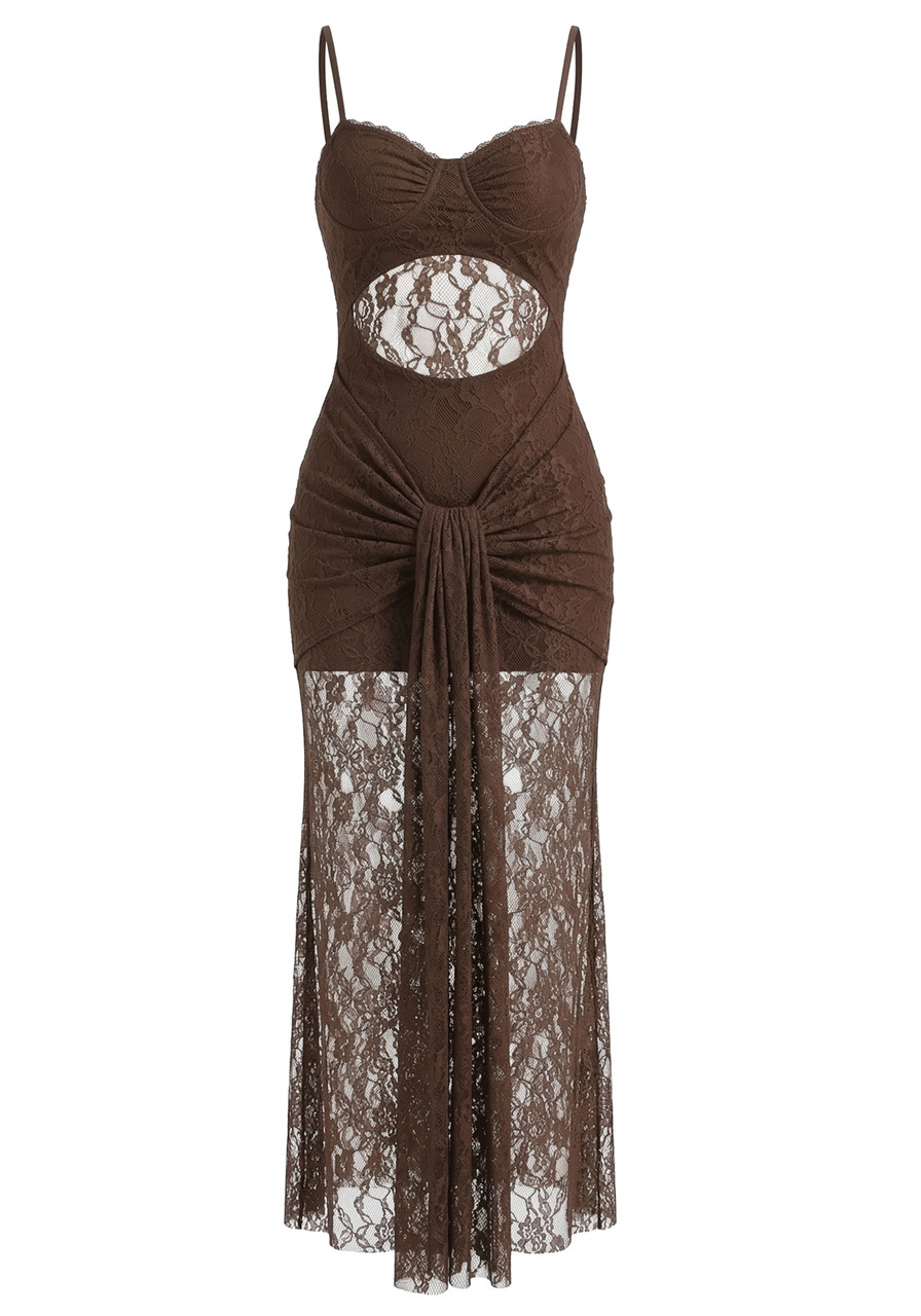 light brown lace dress Low Lace Midi Dress Olive / M