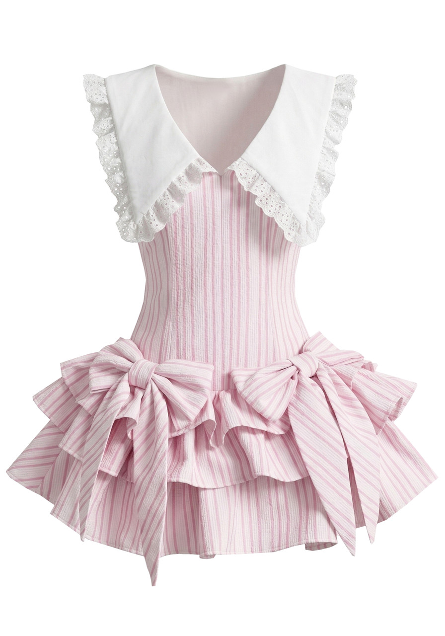 pink and white frilly dress THE DULCE TIERED SMOCKED RUFFLE DRESS IN PINK Large