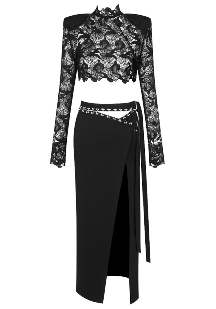 Long Sleeve Lace Midi Two Piece Dress Black Long Sleeve Lace Midi Two Piece Dress Black