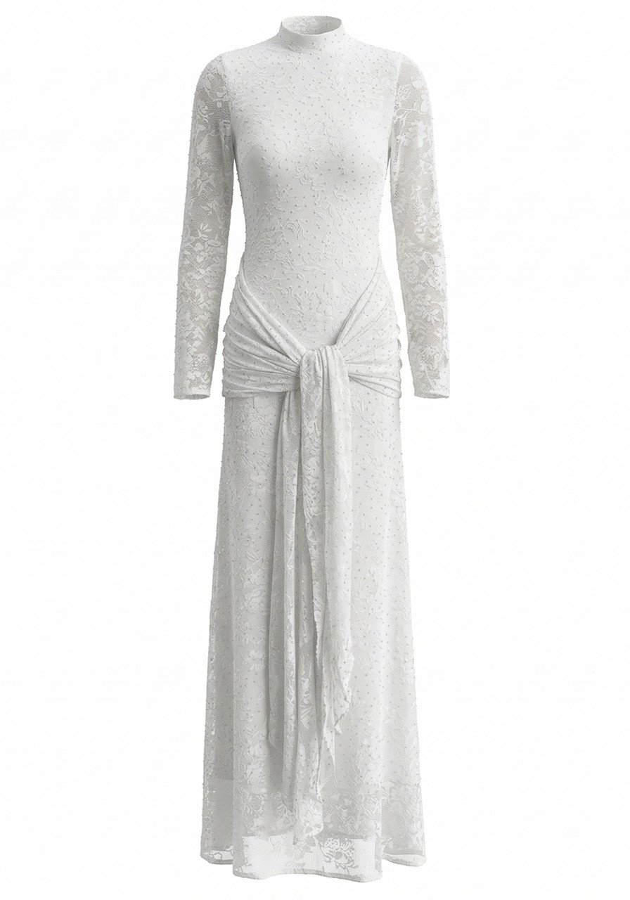 Long Sleeve Embellished Lace Maxi Dress White