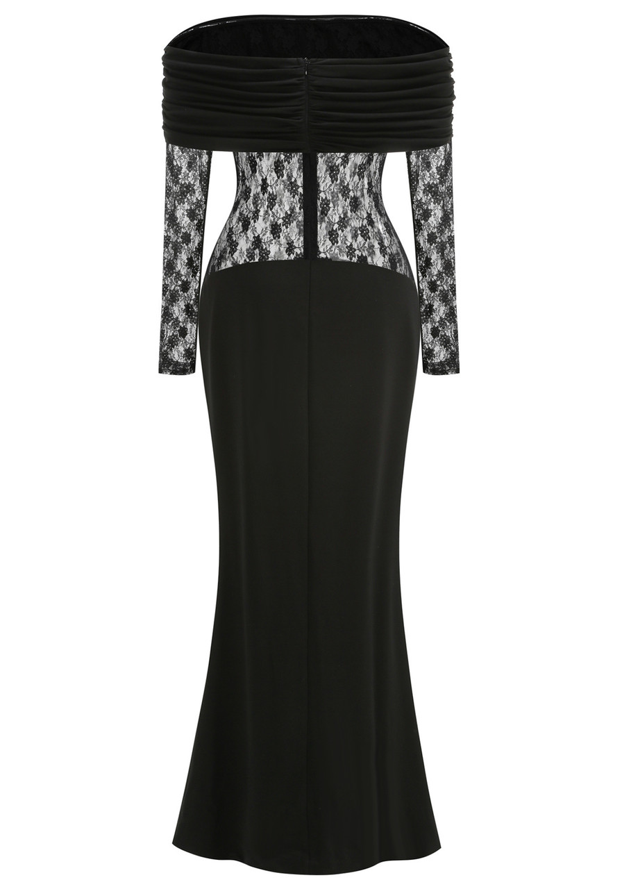 Lace Long Sleeve Draped Bardot Maxi Dress Black
