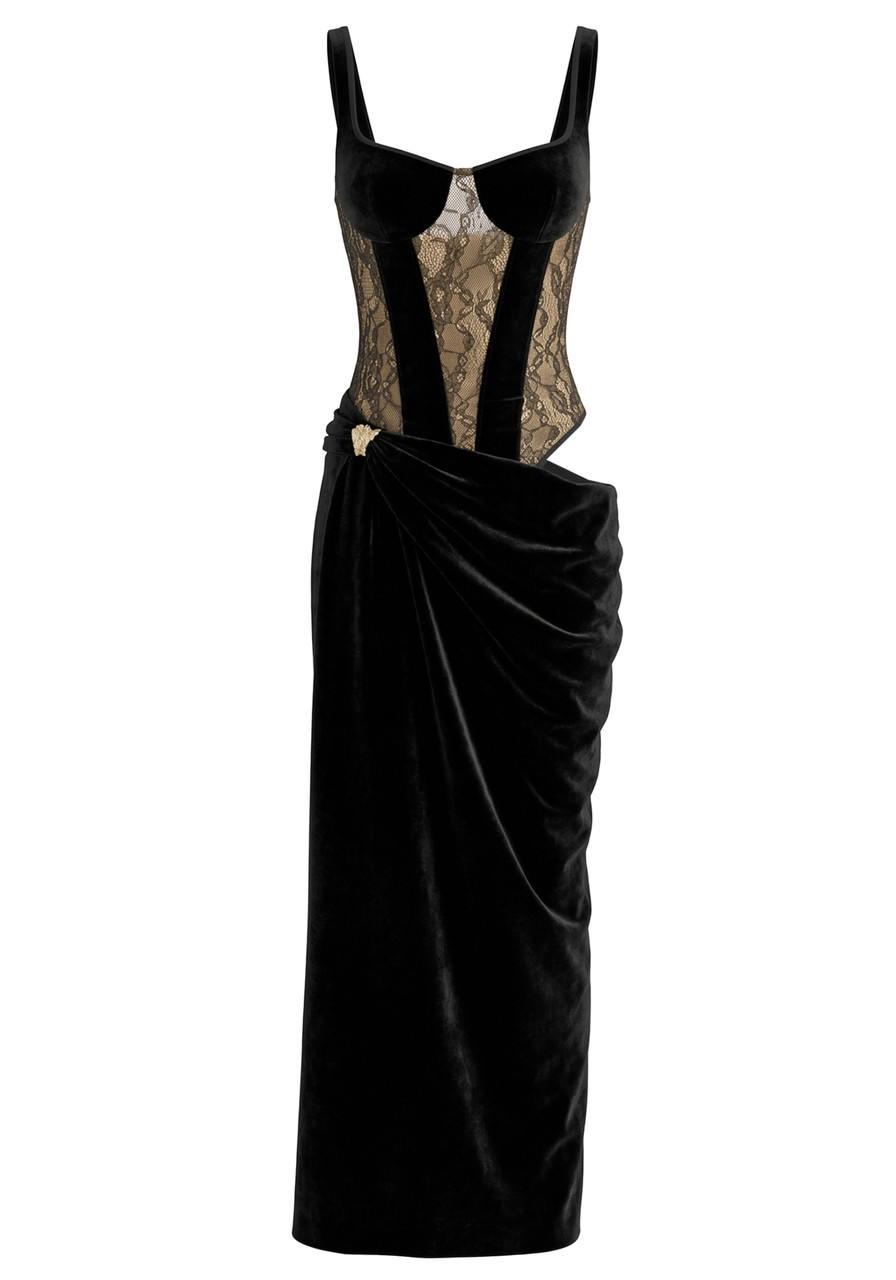 Lace Bustier Draped Maxi Velvet Dress Black - Luxe Maxi Dresses
