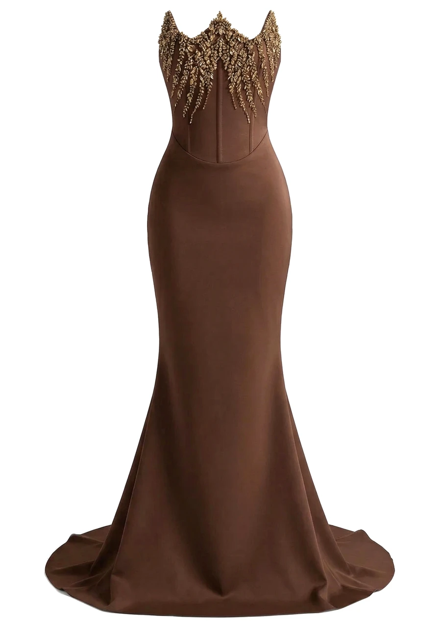 brown maxi dress corset Paulette Brown Ruched Corset Maxi Dress