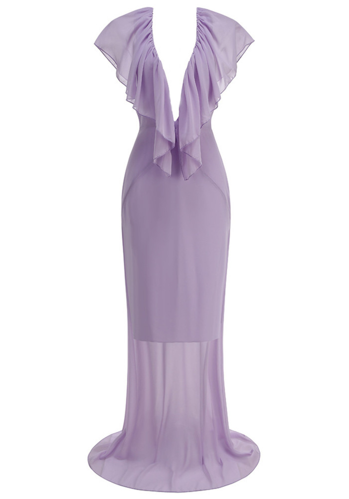 Ruffle Plunging Neck Maxi Dress Lavender