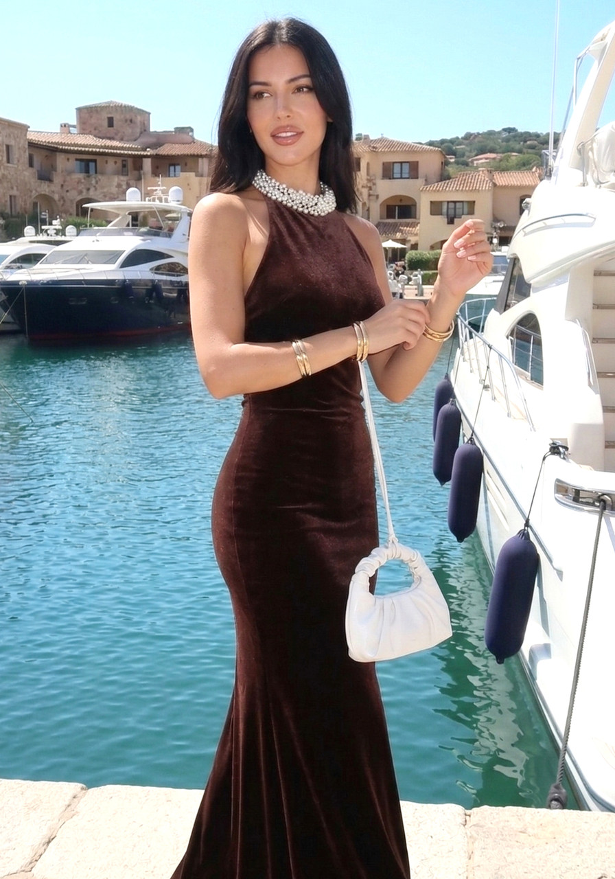 Halter Pearl Embellished Maxi Velvet Dress Dark Brown - Luxe Maxi Dresses  and Luxe Party Dresses