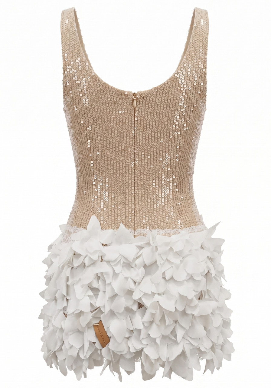 white dress with gold glitter Sequin Petal formal white and gold dress