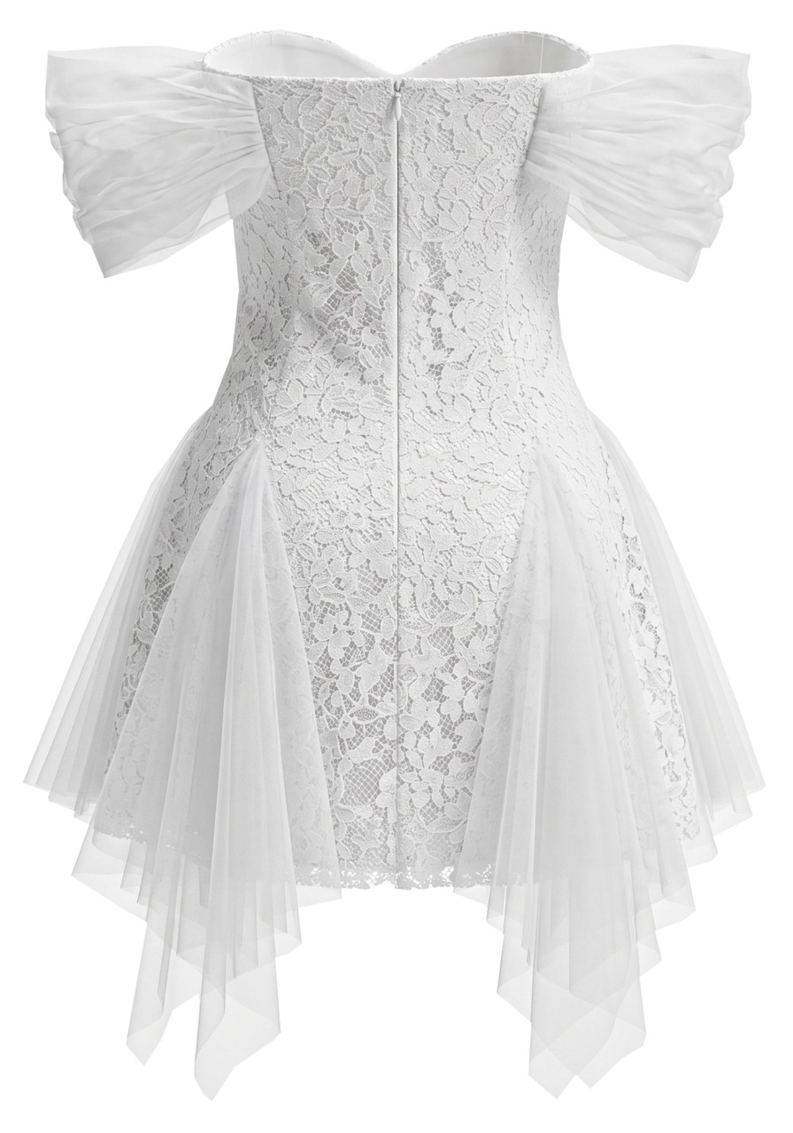 Floral Mesh Bardot Lace Dress White Floral Mesh Bardot Lace Dress White