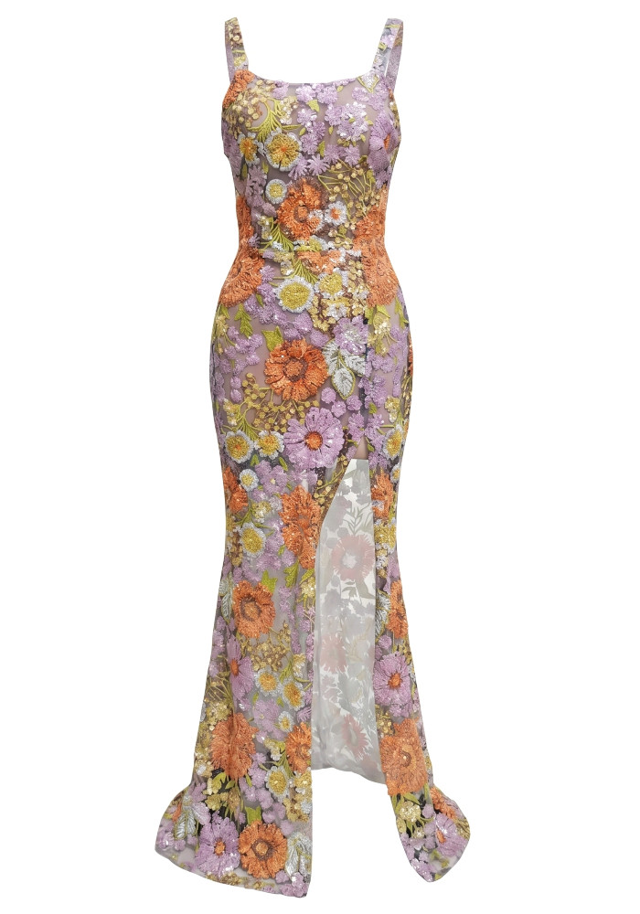 slim fit dress slacks Purple Tropical Floral Off Shoulder Flounce Maxi Dress main image 0
