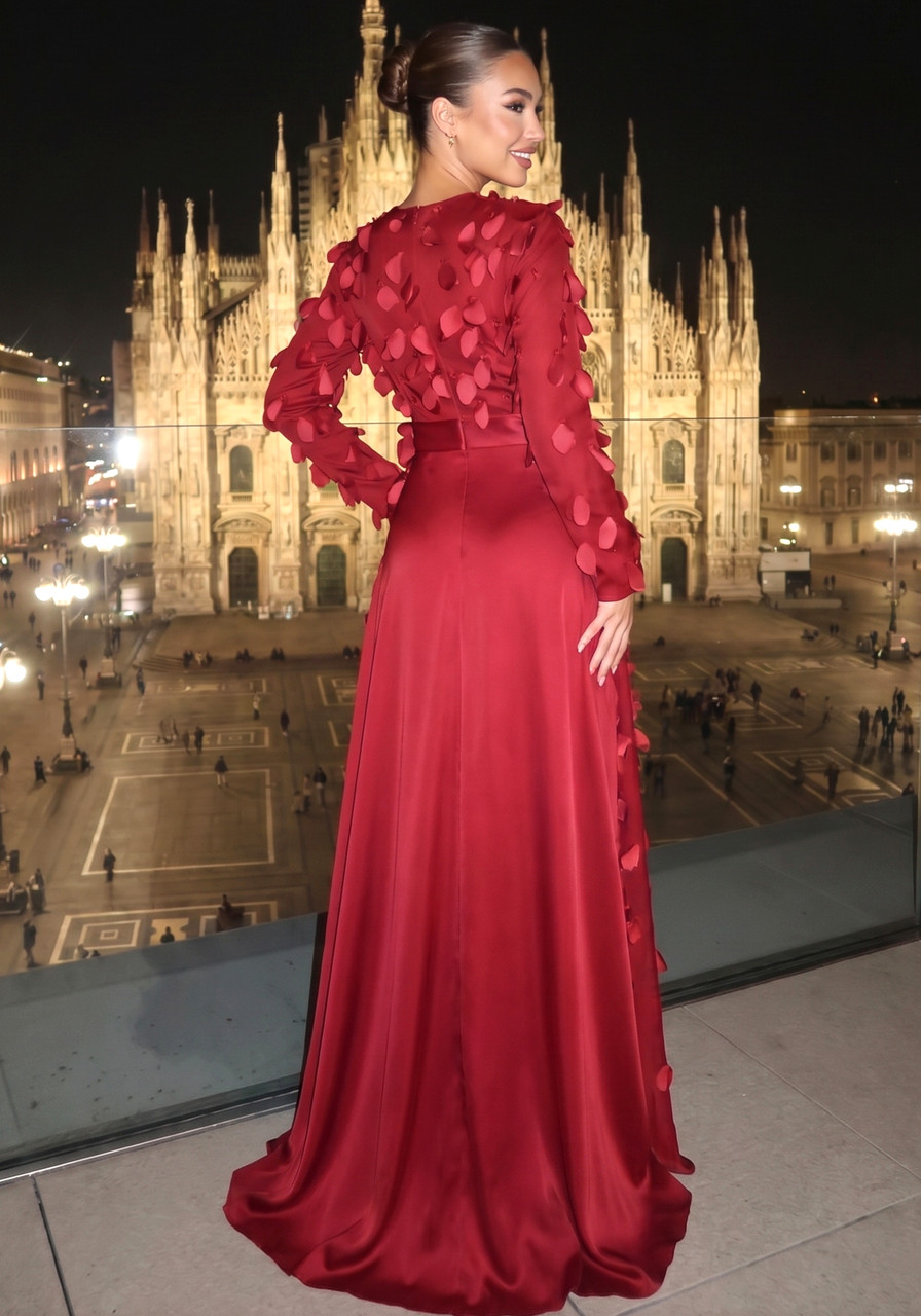 Long Sleeve Floral Embellished A Line Maxi Dress Red - Luxe Floral Dresses  and Luxe Party Dresses