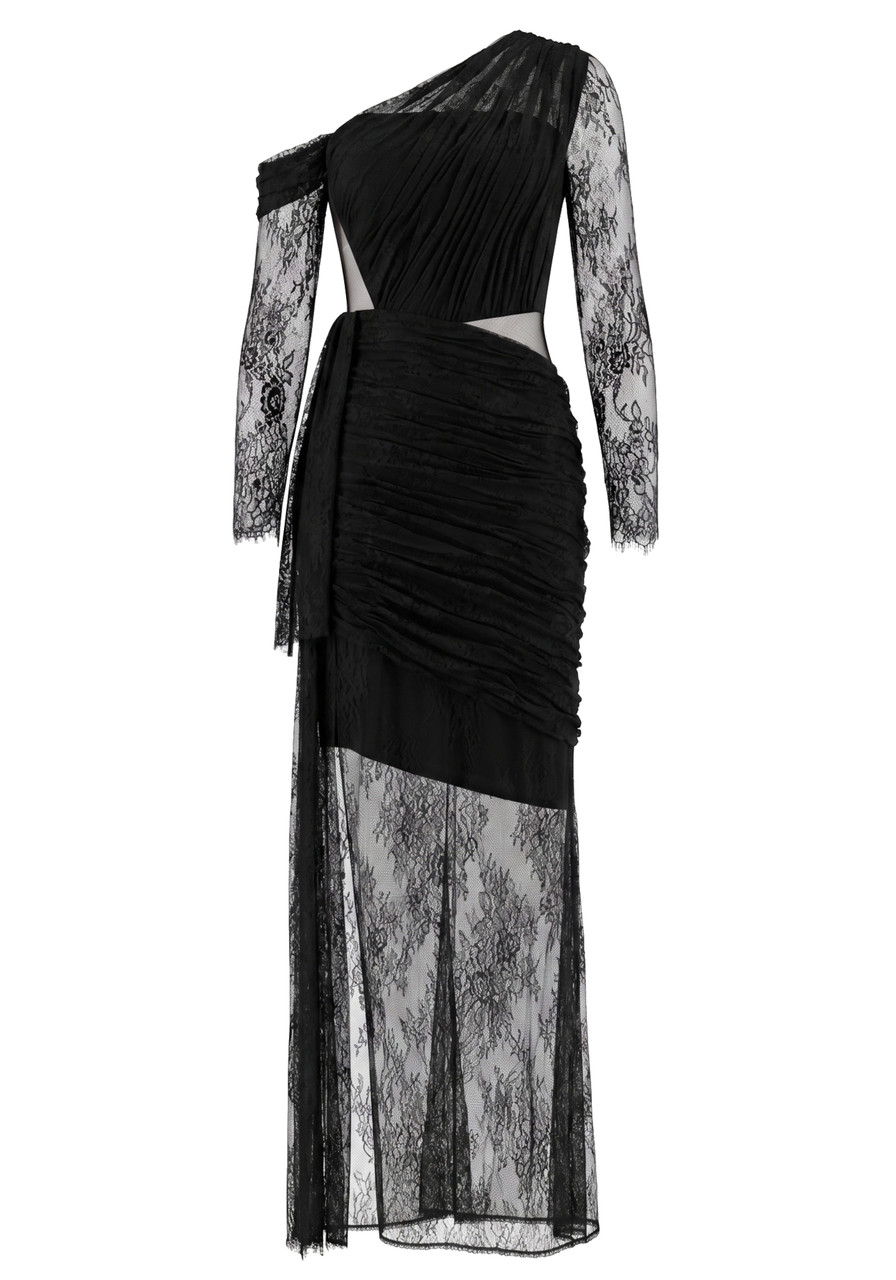 black lace one shoulder long sleeve dress One Shoulder Lace Bodycon Bandage Dress Long Sleeve Celebrity Black Bandage Dress / S