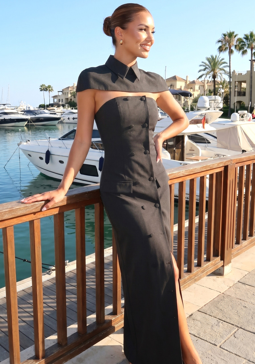 grey dress with collar BAU by Bride And You]Nia Notched Collar A-line Long Dress (Charcoal Gra