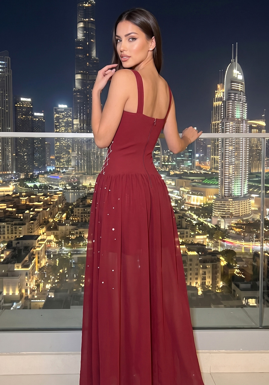 Crystal Embellished A Line Maxi Dress Dark Red