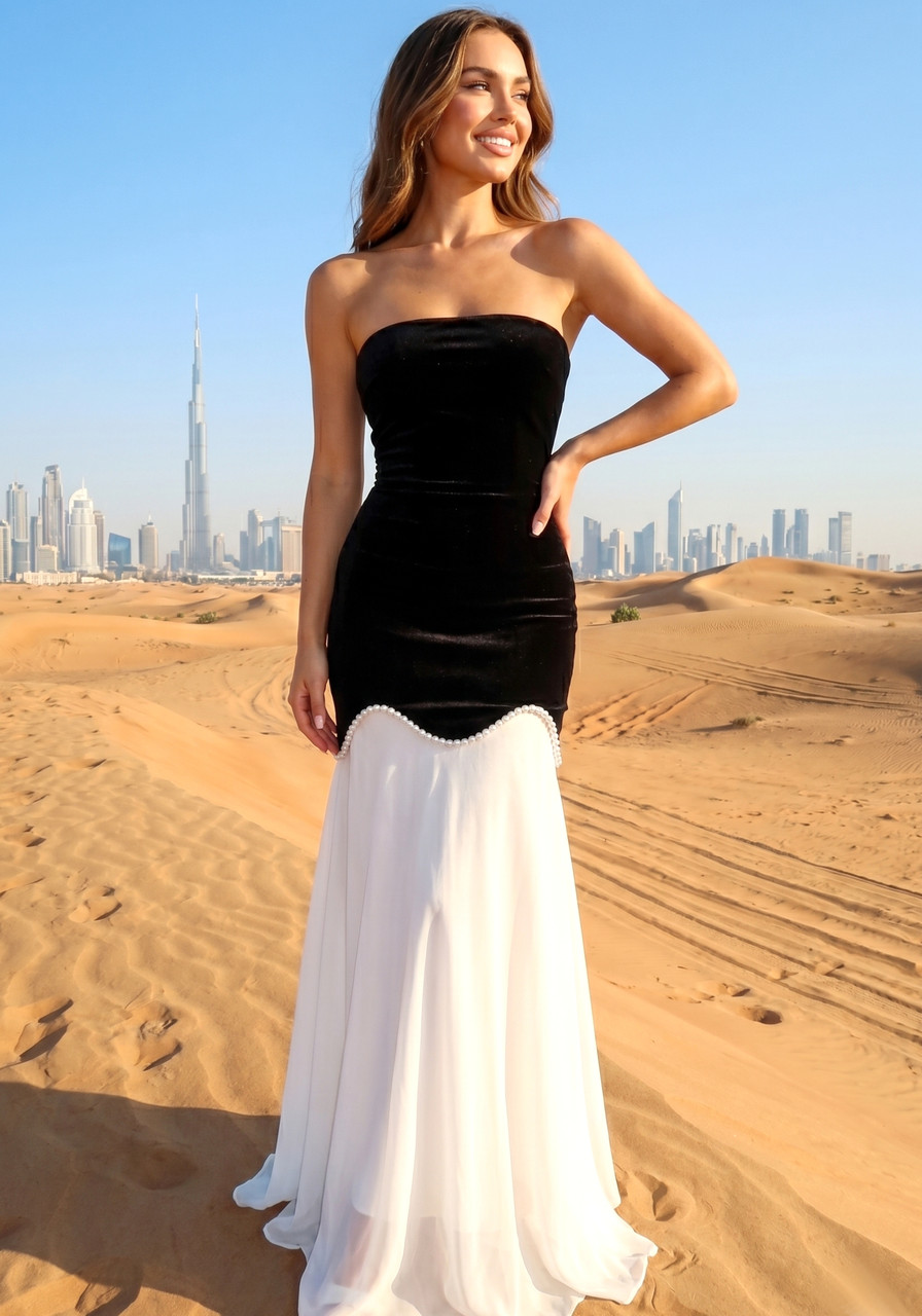 black and white dress with pearls Elegant Mini Dress With Side Cutouts And Pearl Detailing main image 1