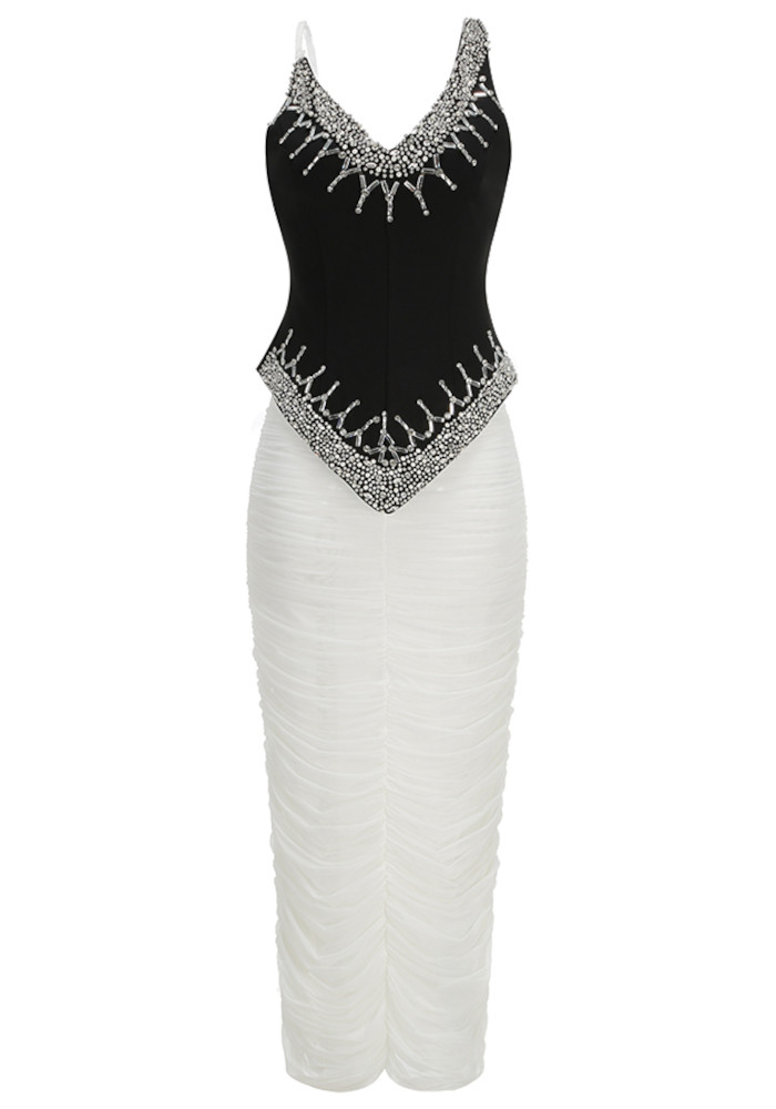 draped corset midi dress Embellished Draped Corset Two Piece Midi Dress Black White