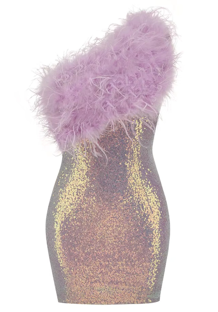 One Shoulder Feather Sequin Dress Lavender - Luxe Sequin Dresses and Luxe Party Dresses One Shoulder Feather Sequin Dress Lavender - Luxe Sequin Dresses and Luxe Party Dresses