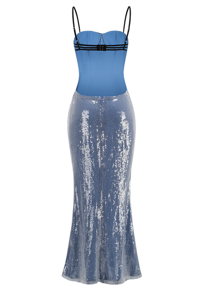 Lace Bustier Backless Sequin Maxi Dress Blue Black - Luxe Sequin Dresses  and Luxe Party Dresses