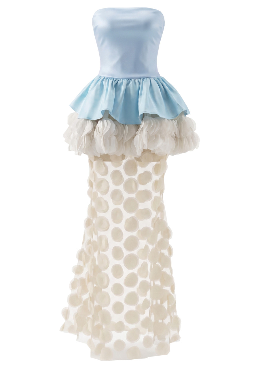 blue and white peplum dress Strapless Floral Peplum Maxi Dress Light Blue Ivory