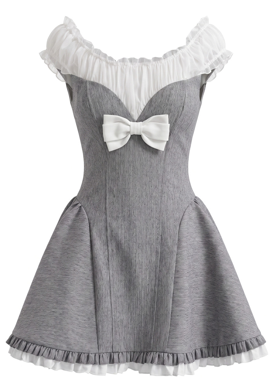 Ruched Bardot A Line Dress Grey White - Luxe Mini Dresses and Luxe Party Dresses Ruched Bardot A Line Dress Grey White - Luxe Mini Dresses and Luxe Party Dresses