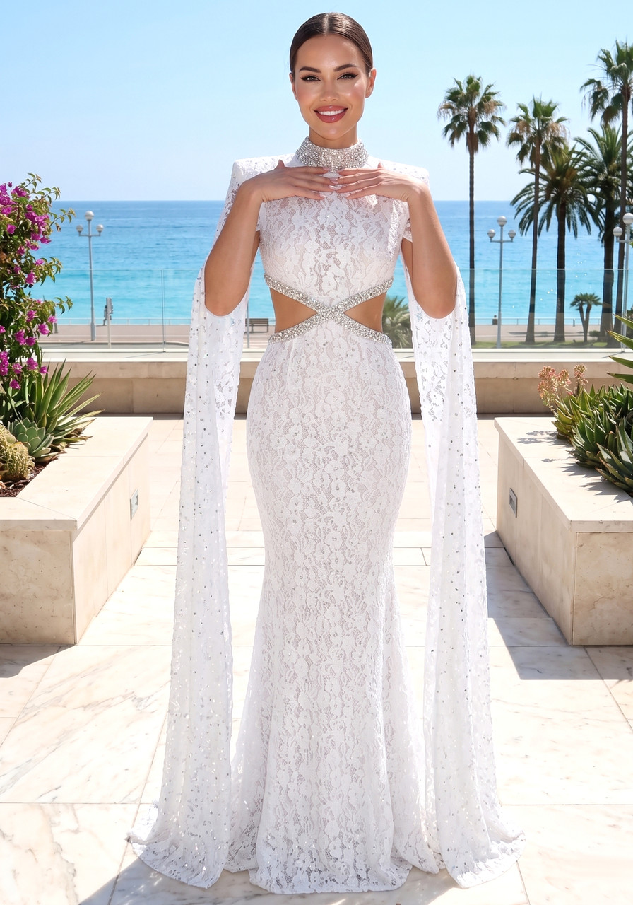 Lace Cape Sleeve Crystal Cut Out Maxi Dress White - Luxe Lace Dresses and Luxe Party Dresses Lace Cape Sleeve Crystal Cut Out Maxi Dress White - Luxe Lace Dresses and Luxe Party Dresses