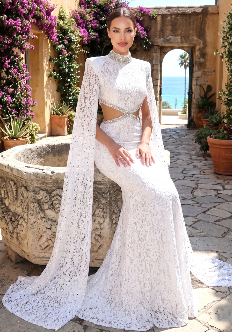 white cut out maxi dress long sleeve White Lace Long-sleeve Cut-out Maxi Dress
