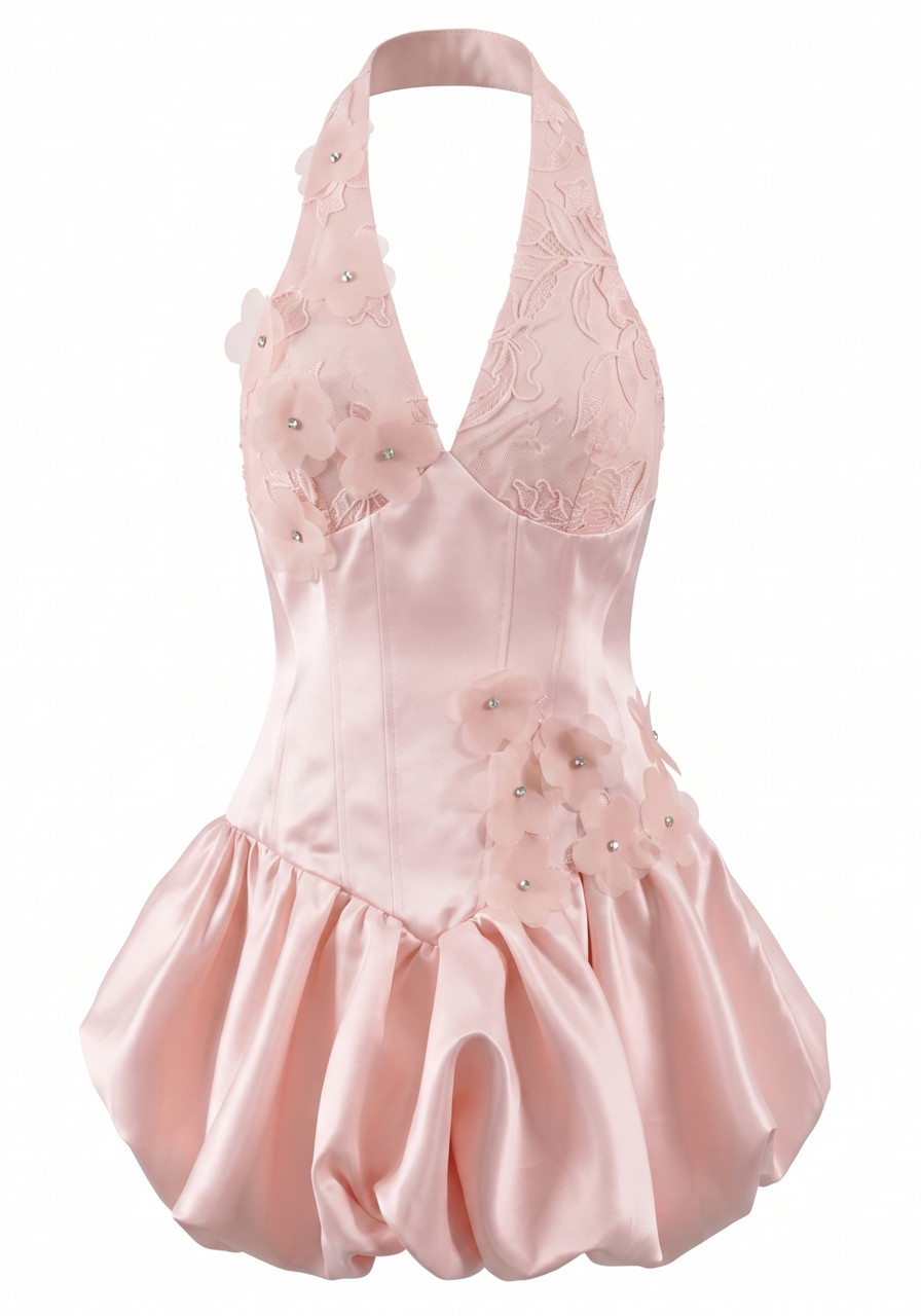 Halter Floral Bubble Dress Pink - Luxe Floral Dresses and Luxe