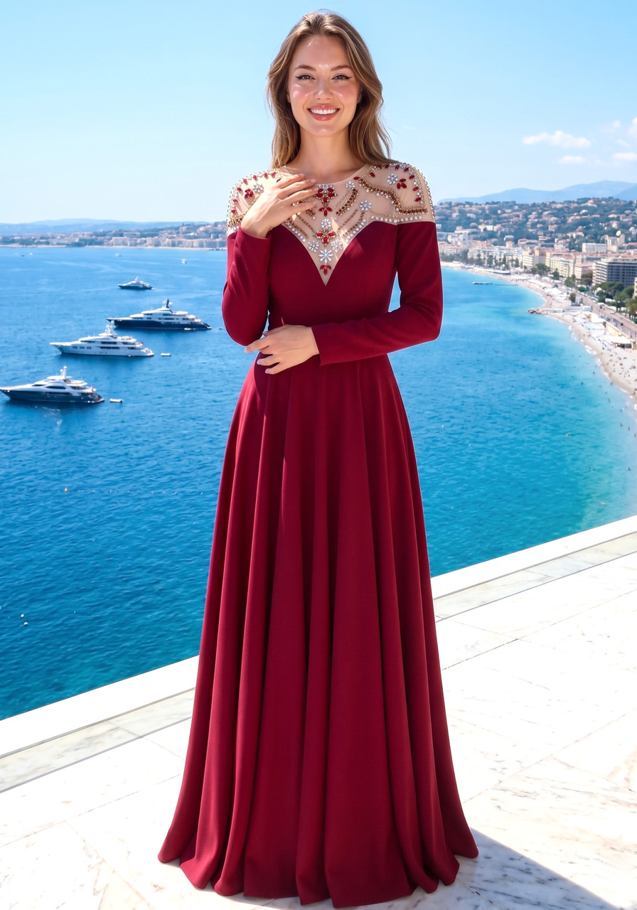 red long sleeve a line dress Long Sleeve Crystal Mesh A Line Maxi Dress Burgundy