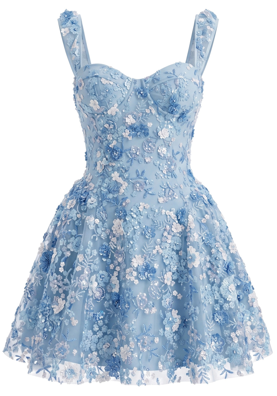 embroidered short formal dress Floral A Line Blue cute short prom dress