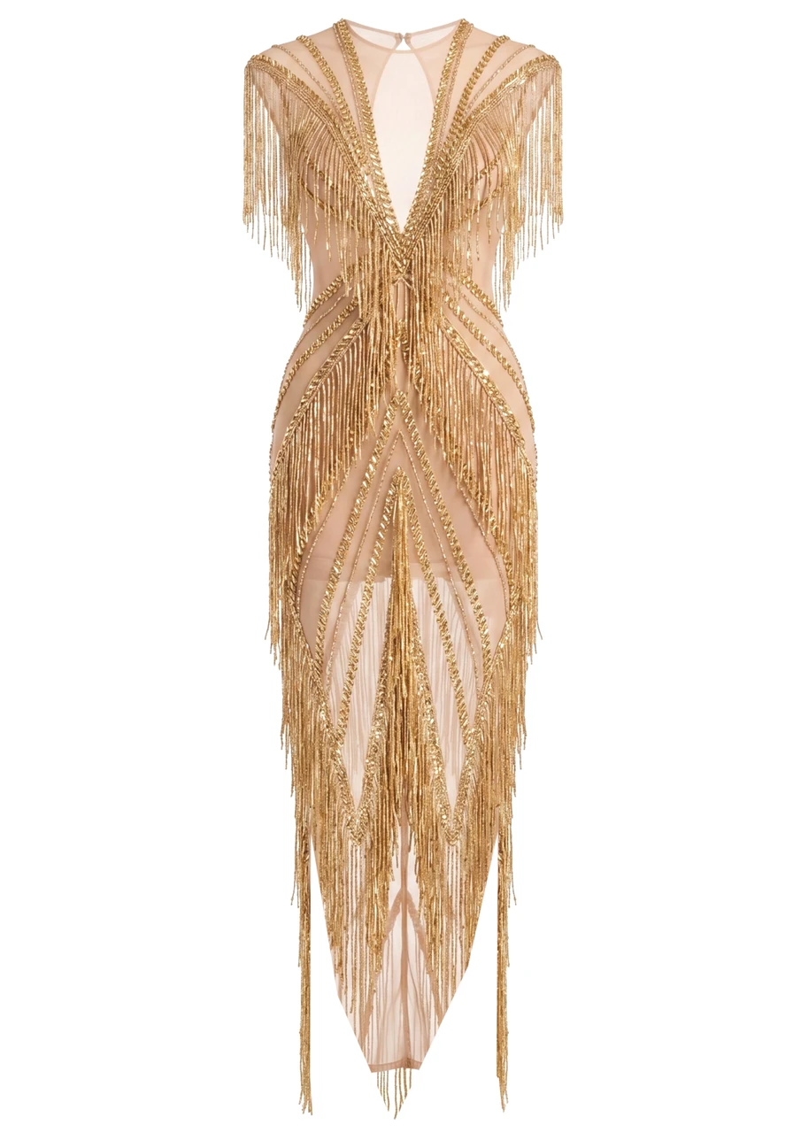 gold metal mesh dress Crystal Tassel Maxi versace gold dress runway