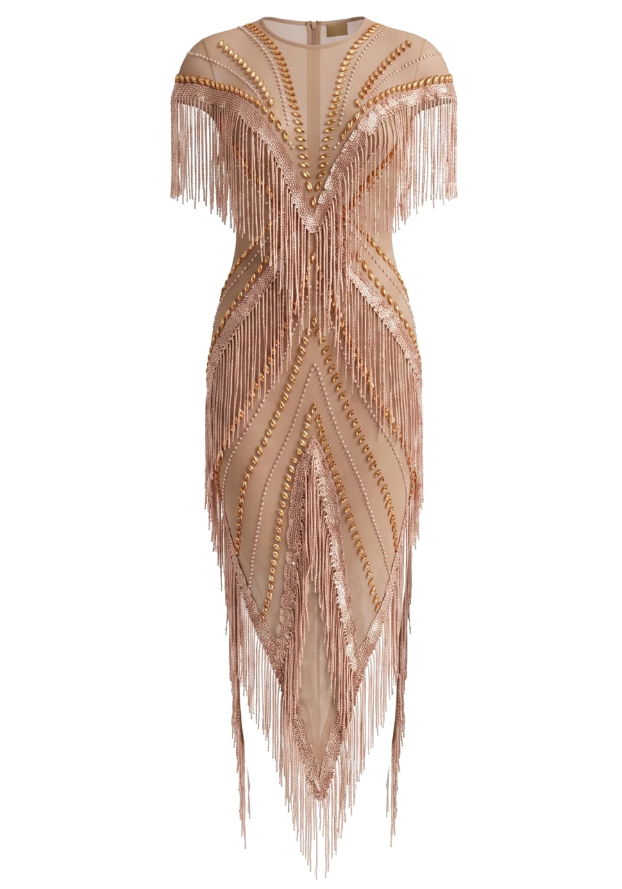 rose gold tassel dress Crystal Mesh Maxi Nude luxury gown