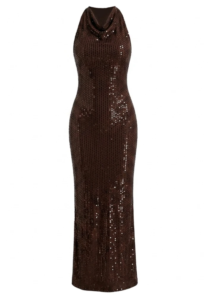 glitter brown dress Draped Neckline Sparkly Maxi all