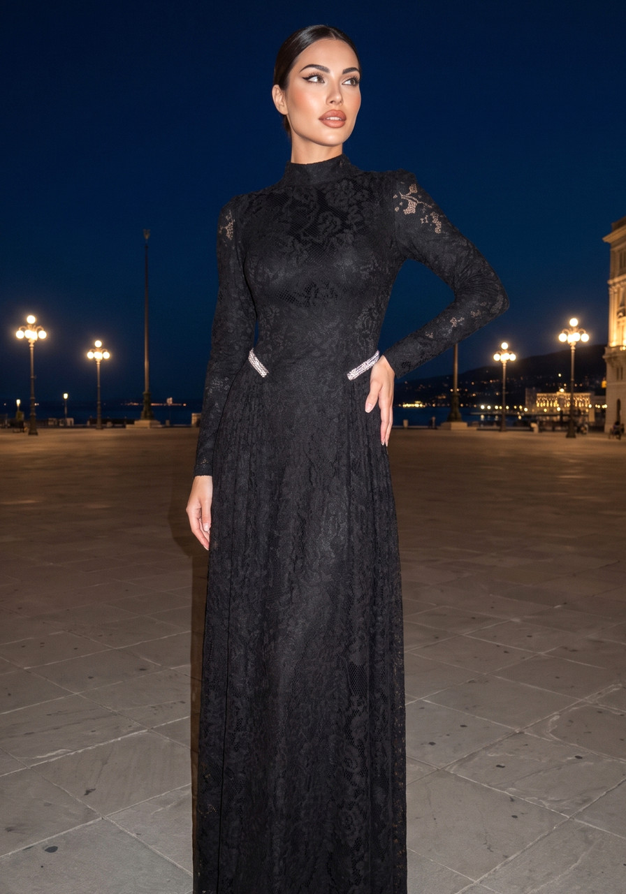 black a line dress with sleeves Long Sleeve Crystal Detail Lace Maxi Corset dress