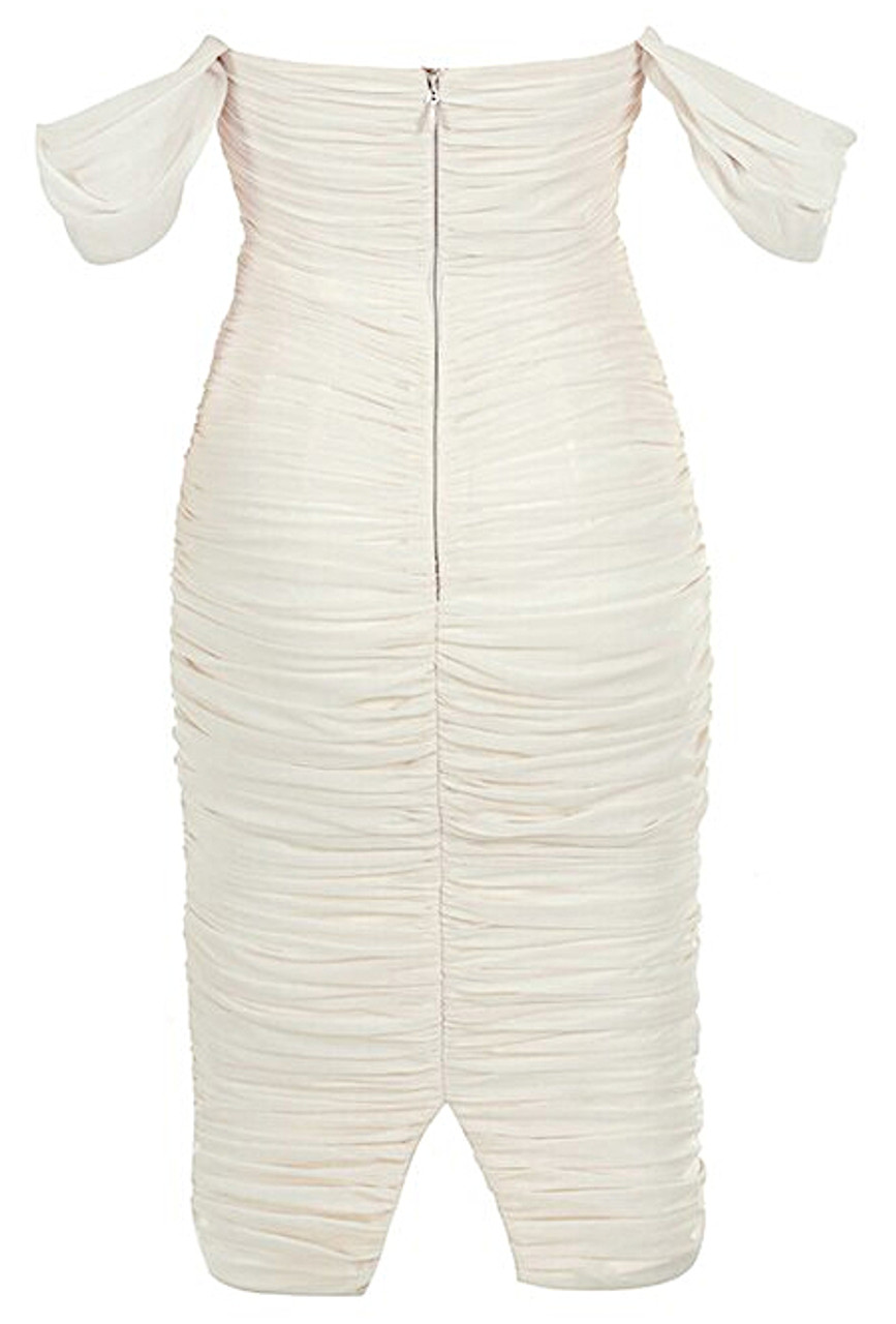 Bardot Ruched Midi Dress White - Luxe Midi Dresses and Celebrity