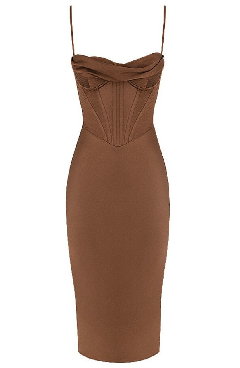 Draped Bustier Corset Midi Dress Brown - Luxe Dresses and Celebrity  Inspired Dresses