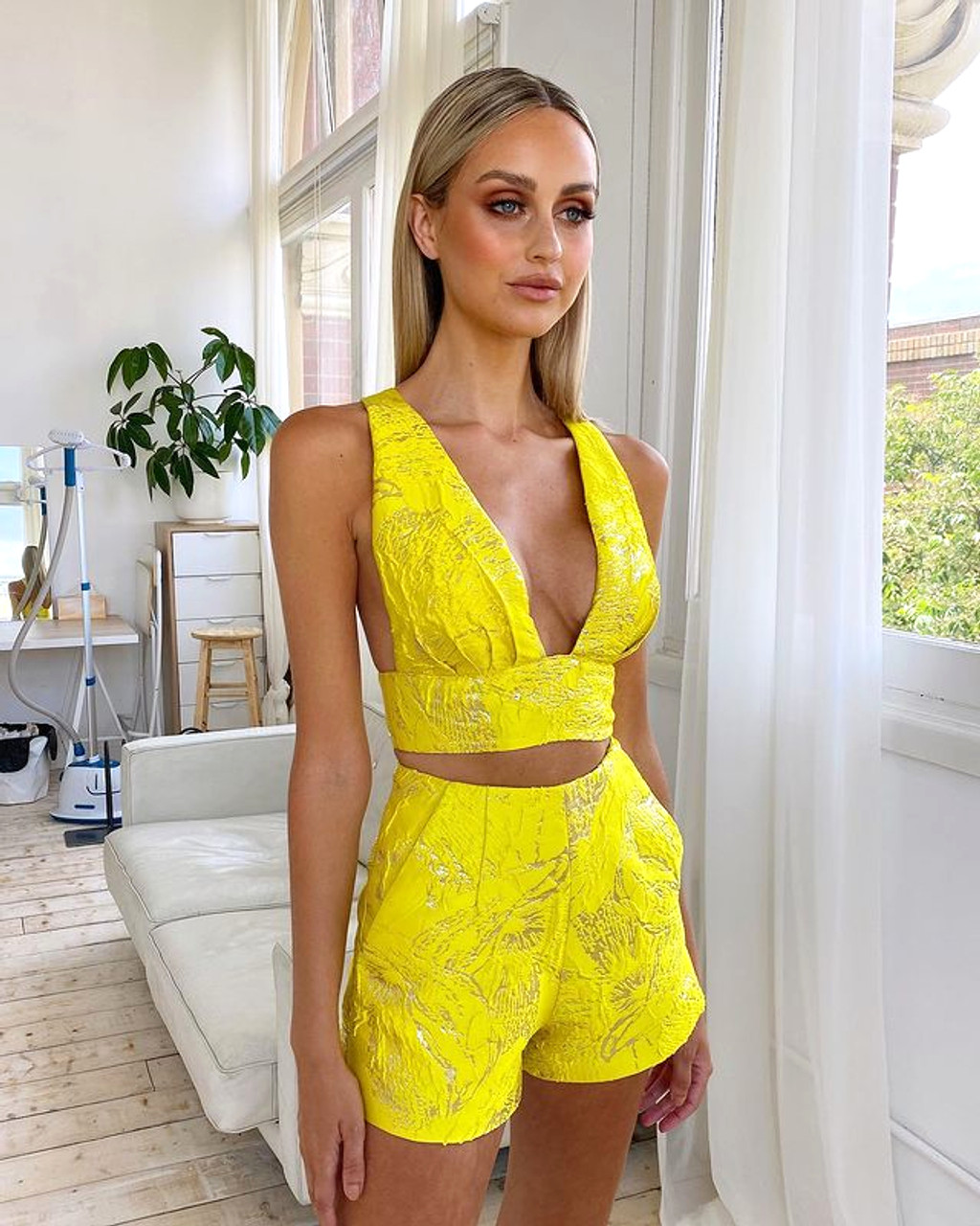 Sparkly Crop Top Shorts Set Yellow - Luxe Two Piece Sets and
