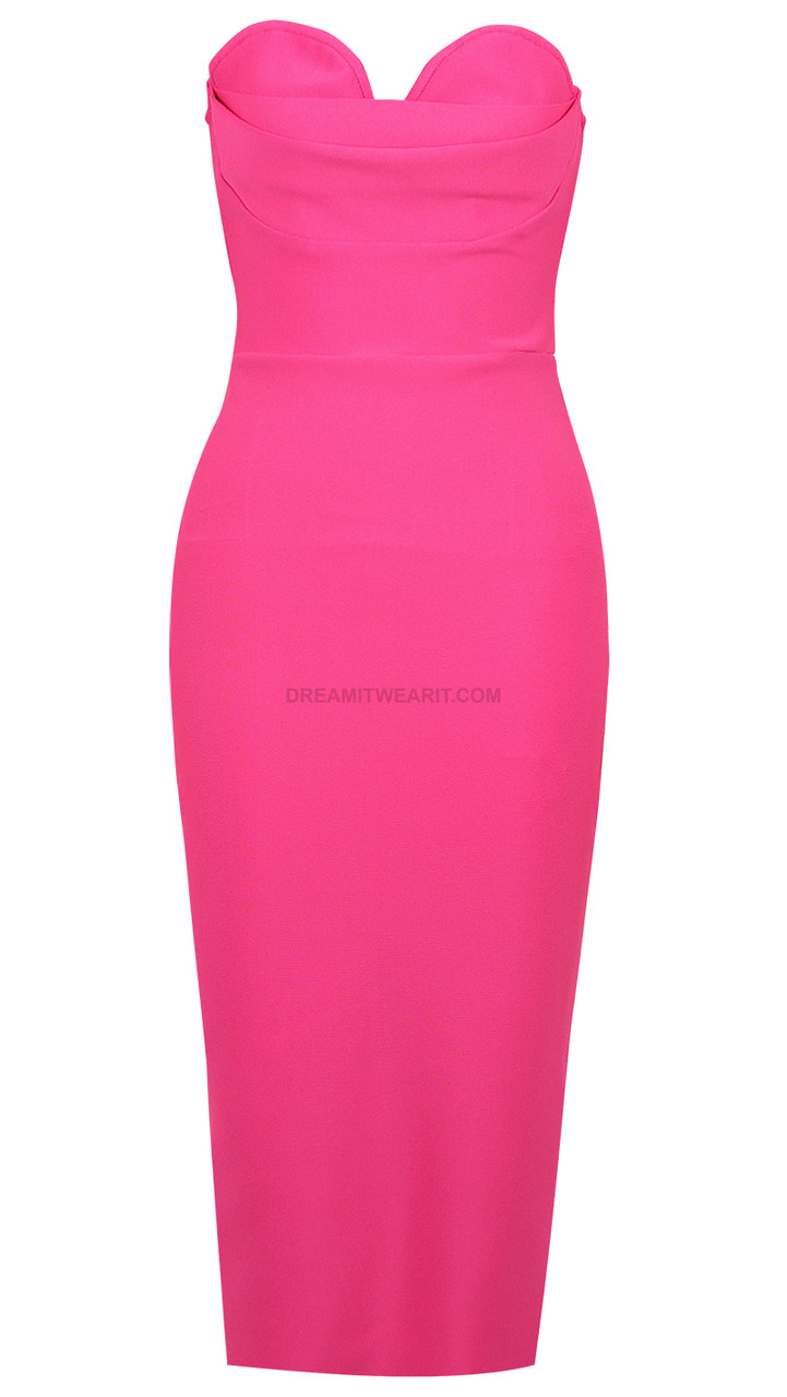 Dream Of You Hot Pink Satin Bandeau Wrap Padded Cup Midi Dress