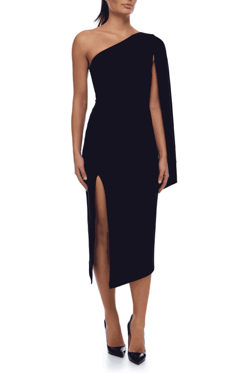 One Shoulder Cape Sleeve Midi Dress Black - Luxe Dresses and Luxe
