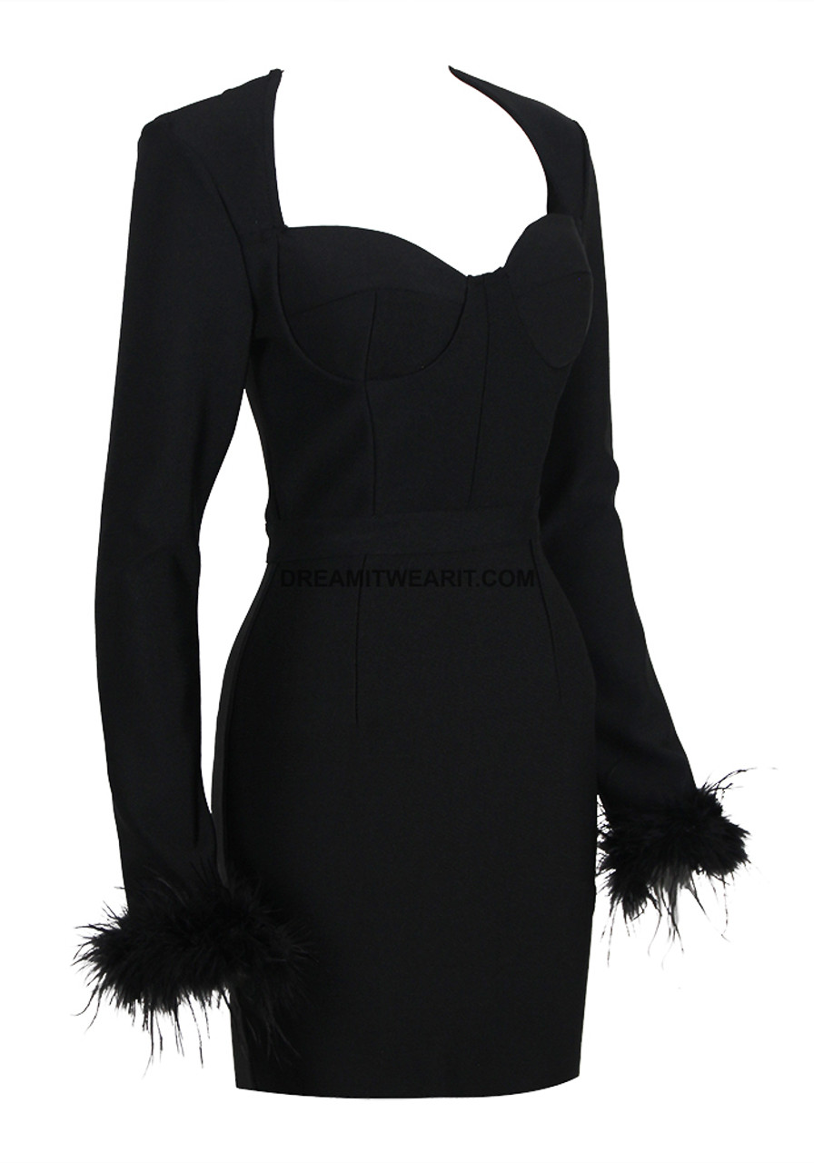 Feather Long Sleeve Bustier Dress Black - Luxe Long Sleeve Dresses and Luxe  Party Dresses