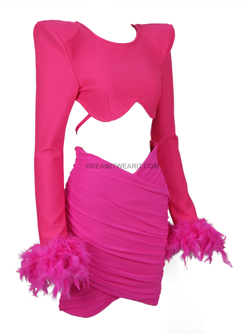 Long Sleeve Feather Draped Two Piece Dress Hot Pink - Luxe Two Piece Dresses  and Luxe Party Dresses