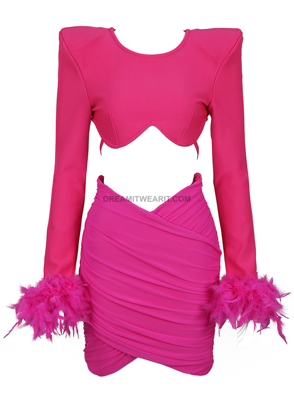 Long Sleeve Feather Draped Two Piece Dress Hot Pink - Luxe Two