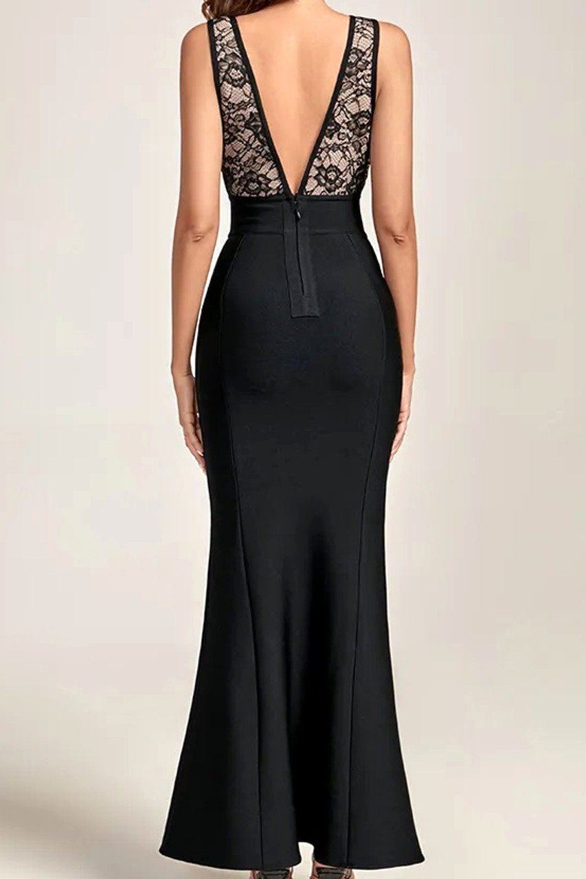 Sexy Scalloped High Slit Square Neck Lace Maxi Dress - Black